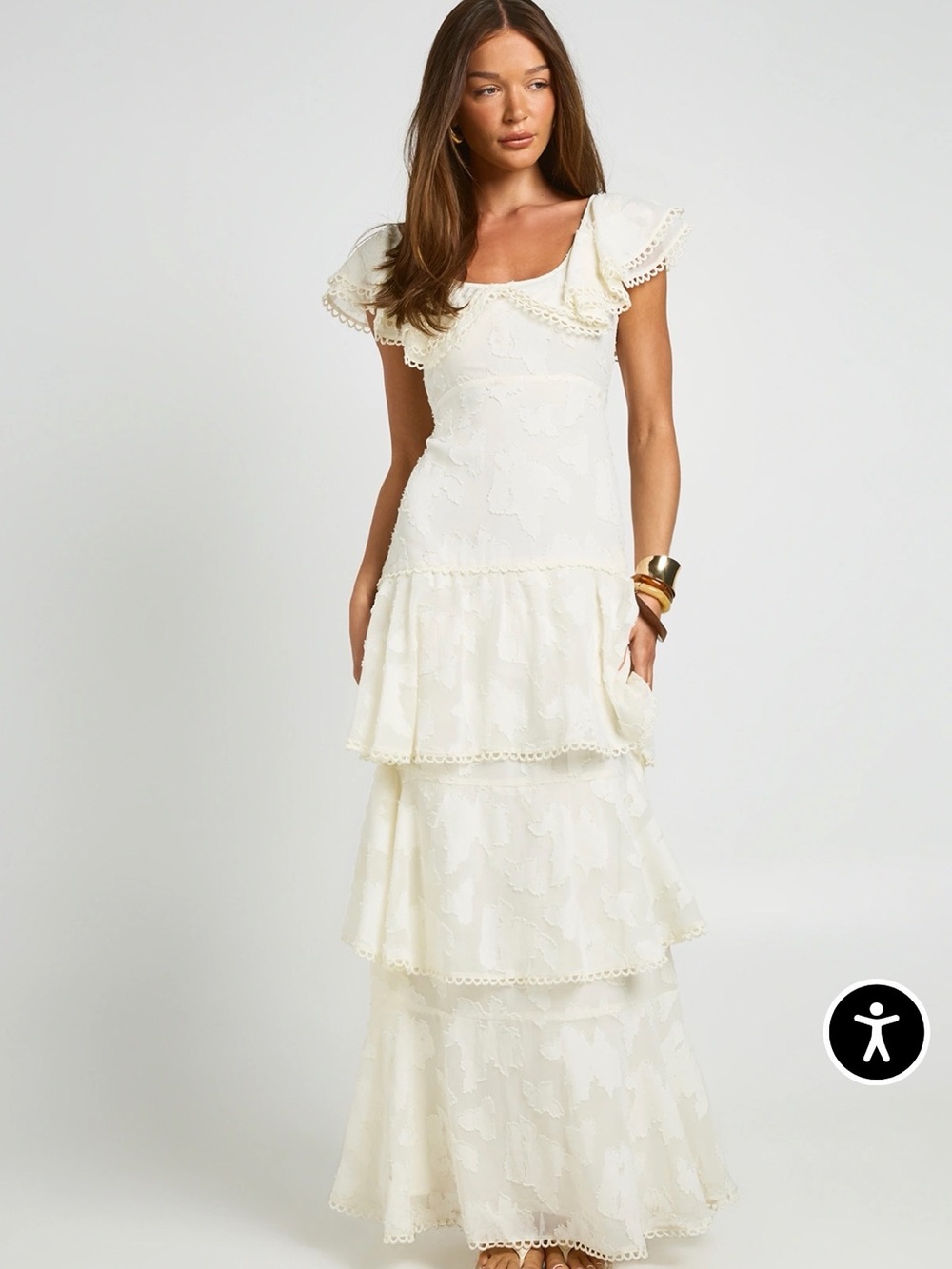 Boohoo Ivory Tiered Maxi Dress with Ruffle Shoulders